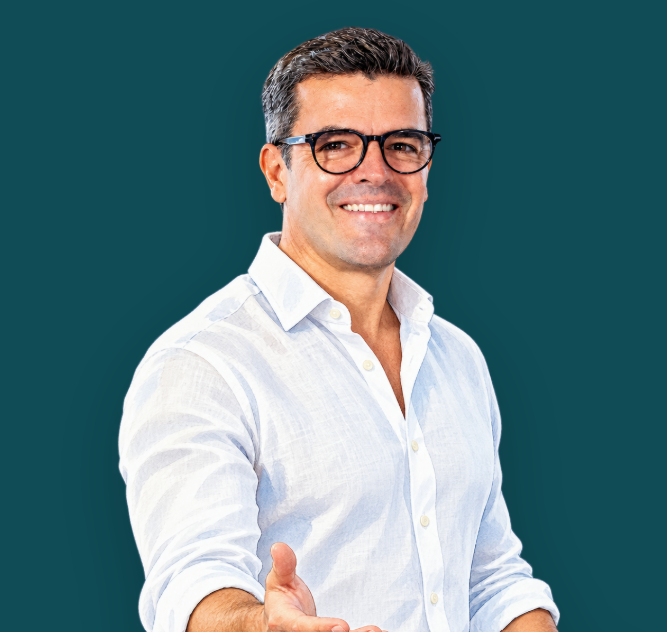 Ilustração de André Berberi sorrindo e fazendo um gesto de boas-vindas